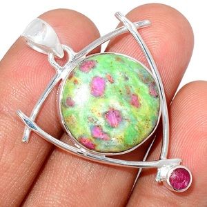 ♥ Natural Ruby (India) In Fuchsite & Ruby 925 Sterling Silver Pendant Jewelry ♥